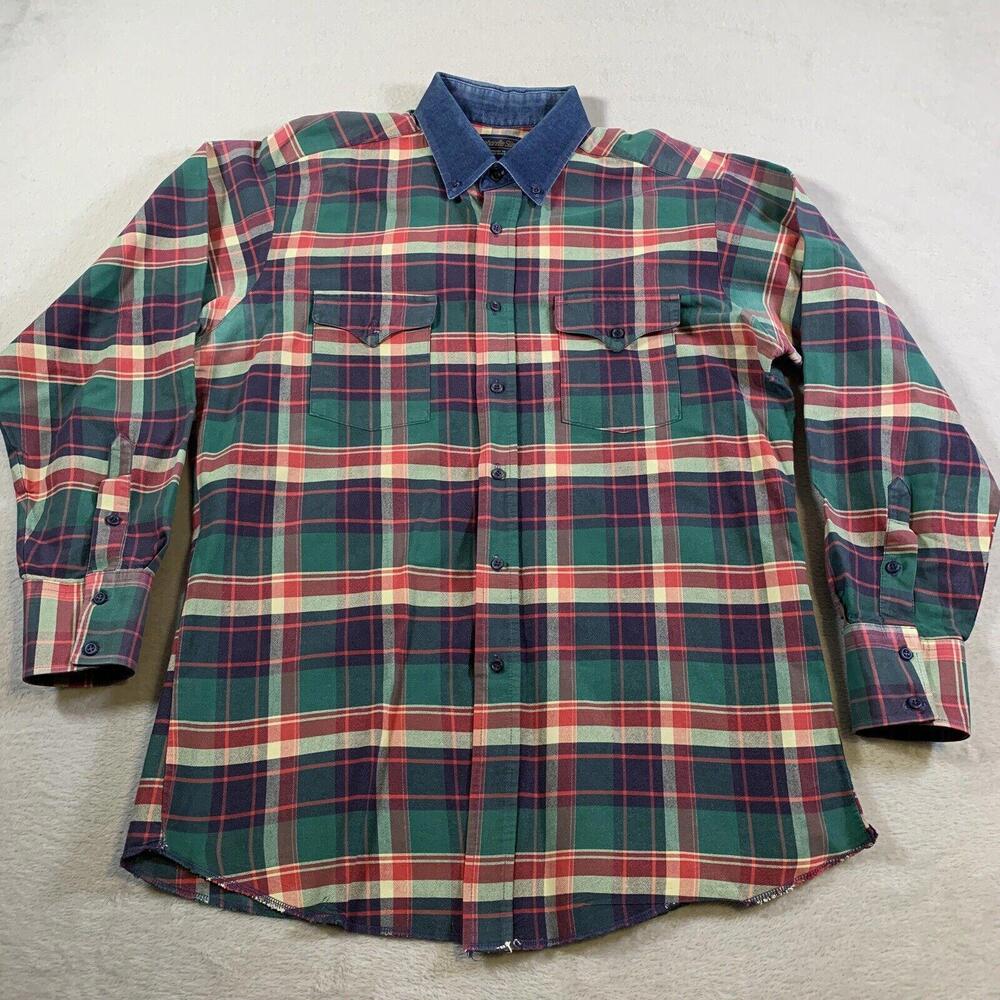VINTAGE Panhandle Slim Shirt Mens 16.5-35 Plaid Western Workwear Made In USA 90s